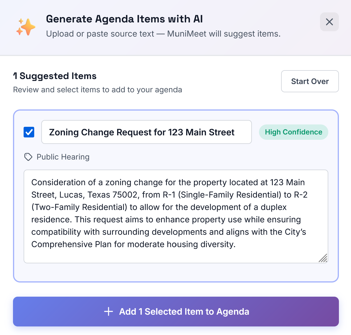 AI-generated agenda item showing zoning change request for 123 Main Street