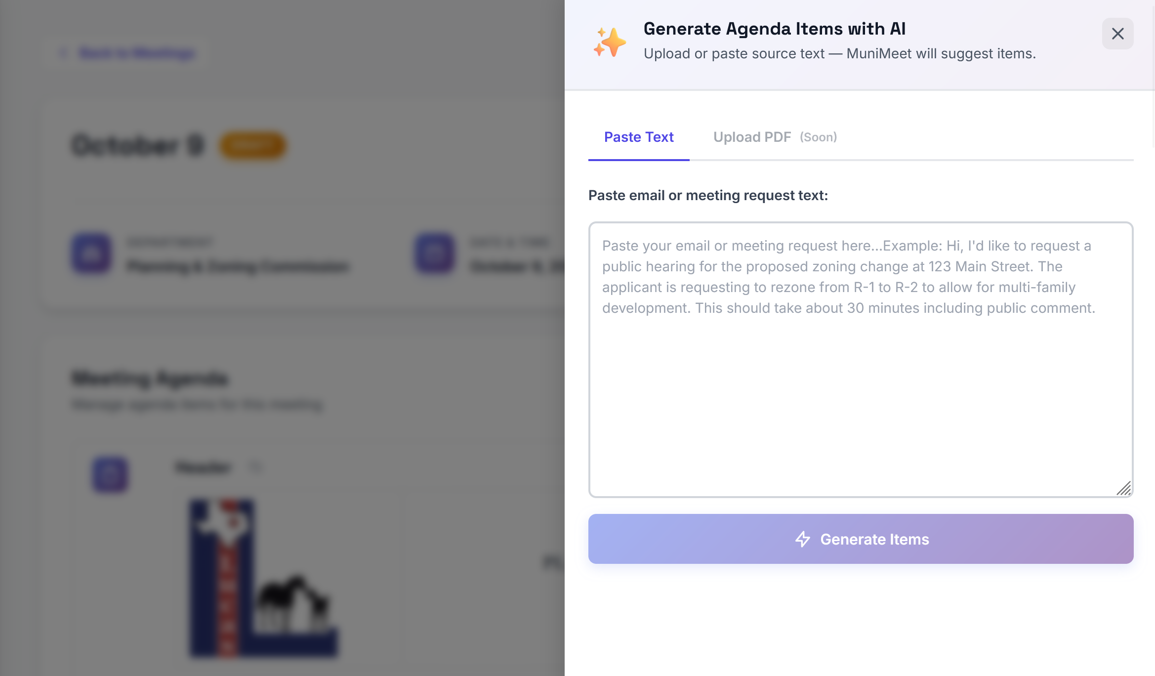 MuniMeet AI agenda generation interface